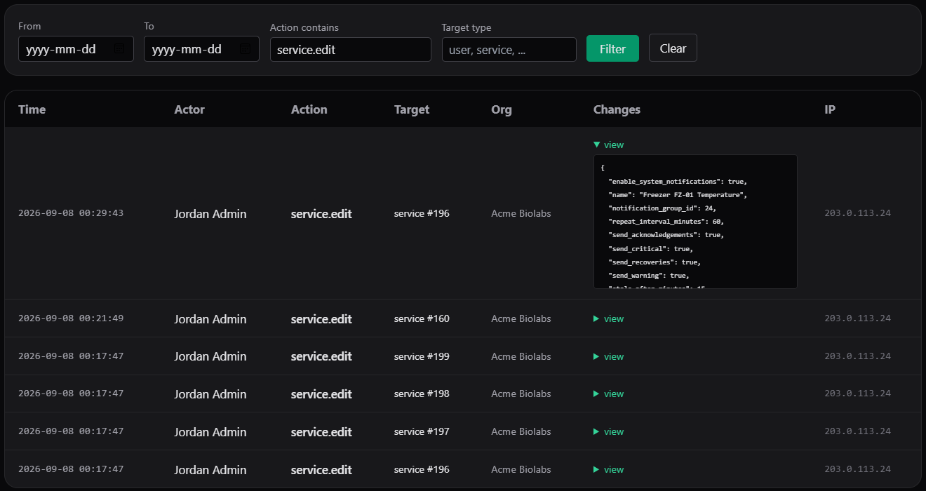 Audit Log page